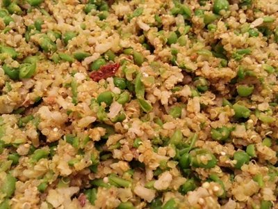 warmed peas, brown rice cooked quinoa sierra sunset soak and feed and dried eggfood plus vitamins.jpg