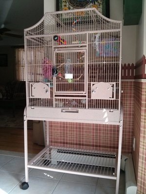 A&amp;E Elegant Style Flight Cage. Sandstone Finish. Used by 1 healthy parrotlet for 1 year. Includes 4 stainless steel bowls. 4 swing out feeding doors. Front door locks. 55&quot;Hx28&quot;Wx18&quot;D. Cage (without stand) is 30.5&quot;H. No shipping. $125 or Best Offer.